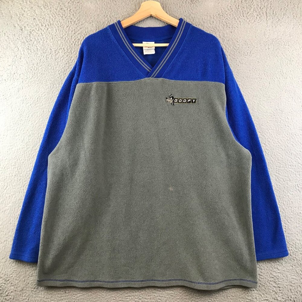 Vintage Disney‎ Goofy Fleece Pullover Sweatshirt V-Neck Blue & Gray XL